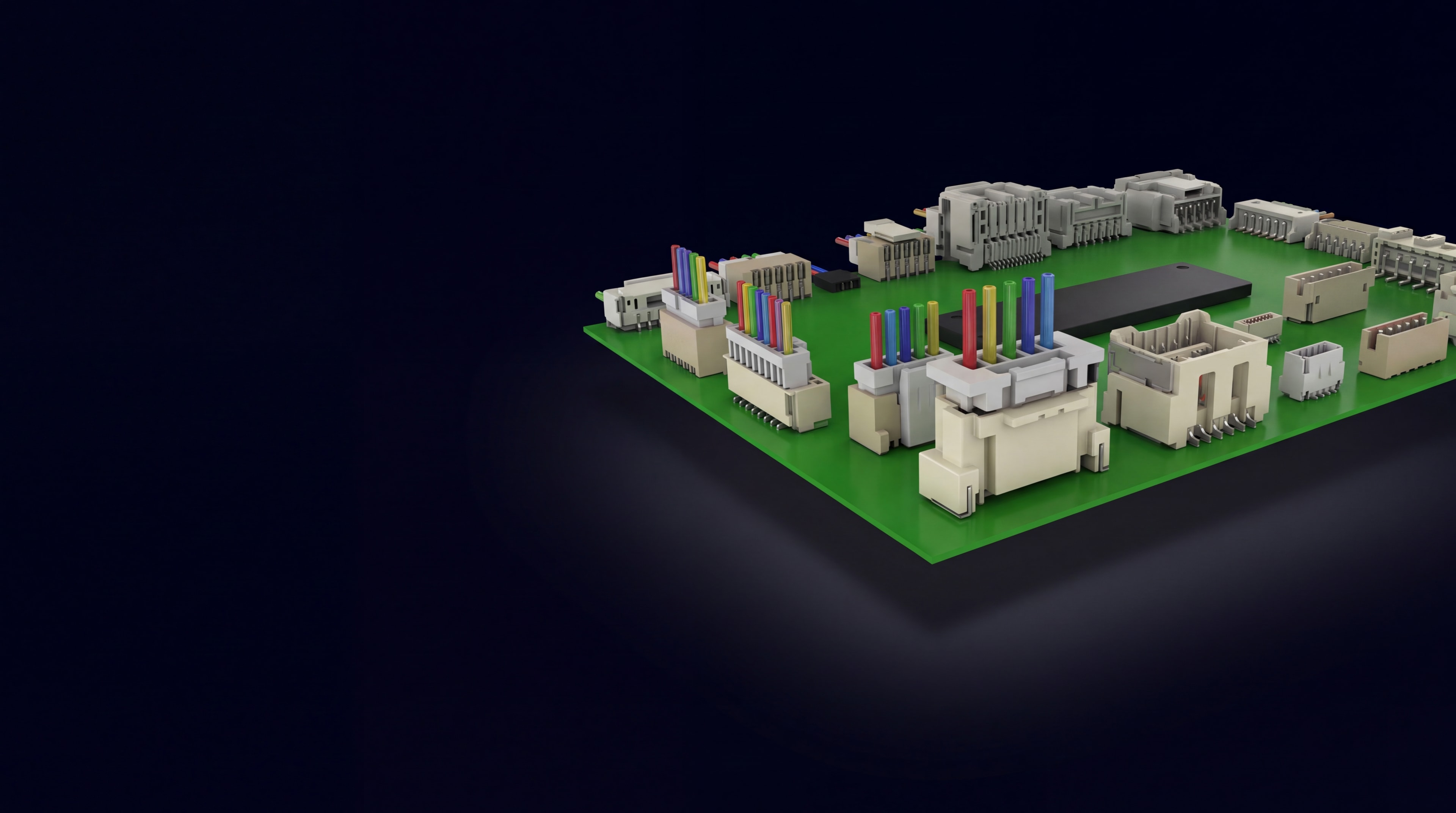 Render of a green circuit board carrying Konnra wire-to-board connectors with coloured wire pins